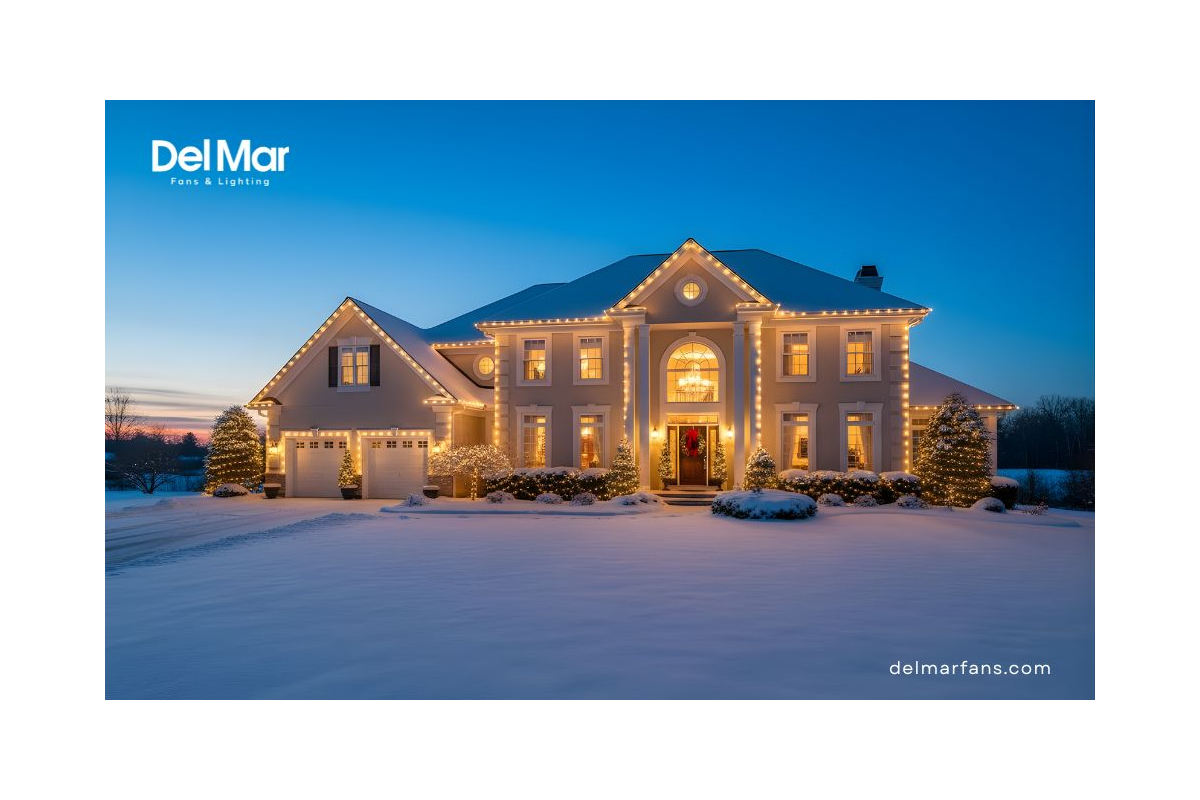 This beautiful display of warm white lights offers one of the best Christmas Lighting Ideas for an entire home, illuminating the architecture and landscaping during a snowy evening.