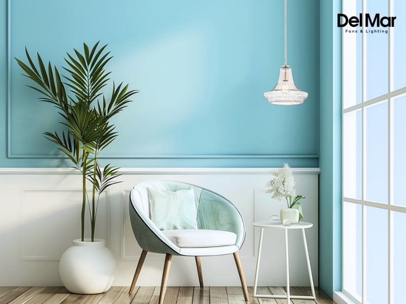 Kichler Everly Blown Glass Cone Pendant near Chair