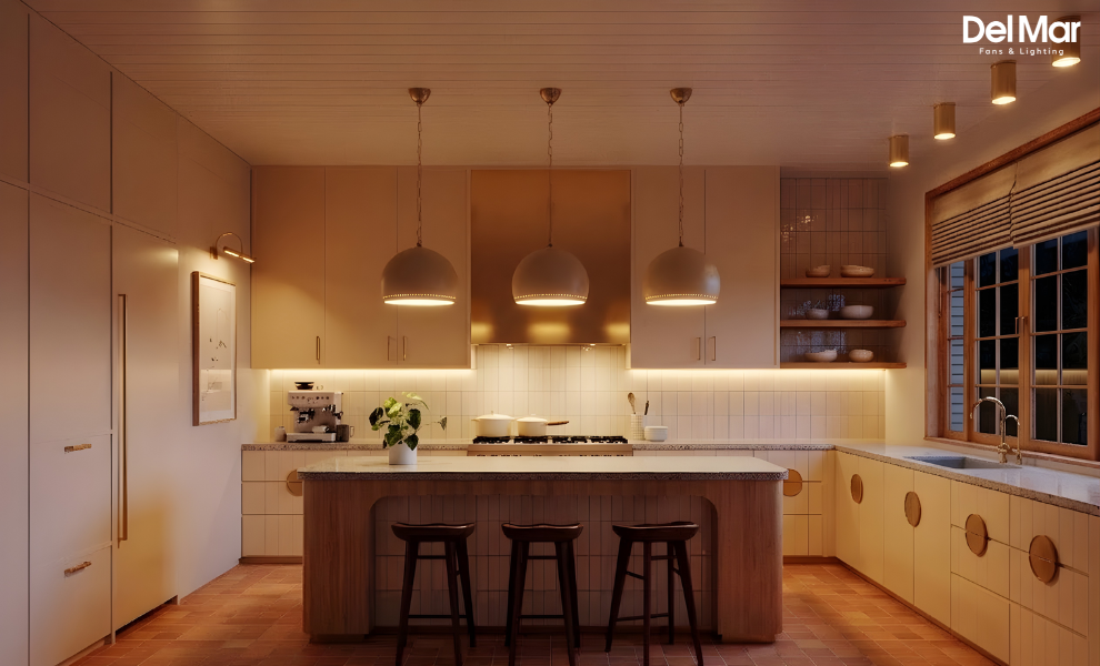 Kitchen lighting layout showing task lighting above counters and island pendants.