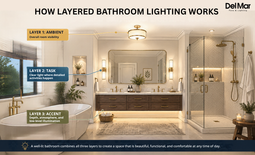 Illustration of a layered bathroom lighting plan showing a semi-flush ceiling fixture for ambient lighting, wall sconces positioned beside the vanity mirror for task lighting, and low-level lighting beneath a floating vanity or in a recessed niche for ac