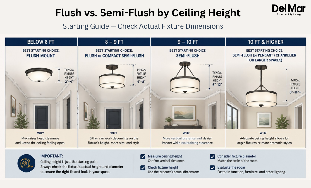 Ceiling height guide showing when flush mount and semi-flush ceiling lights are generally appropriate for different residential ceiling heights.