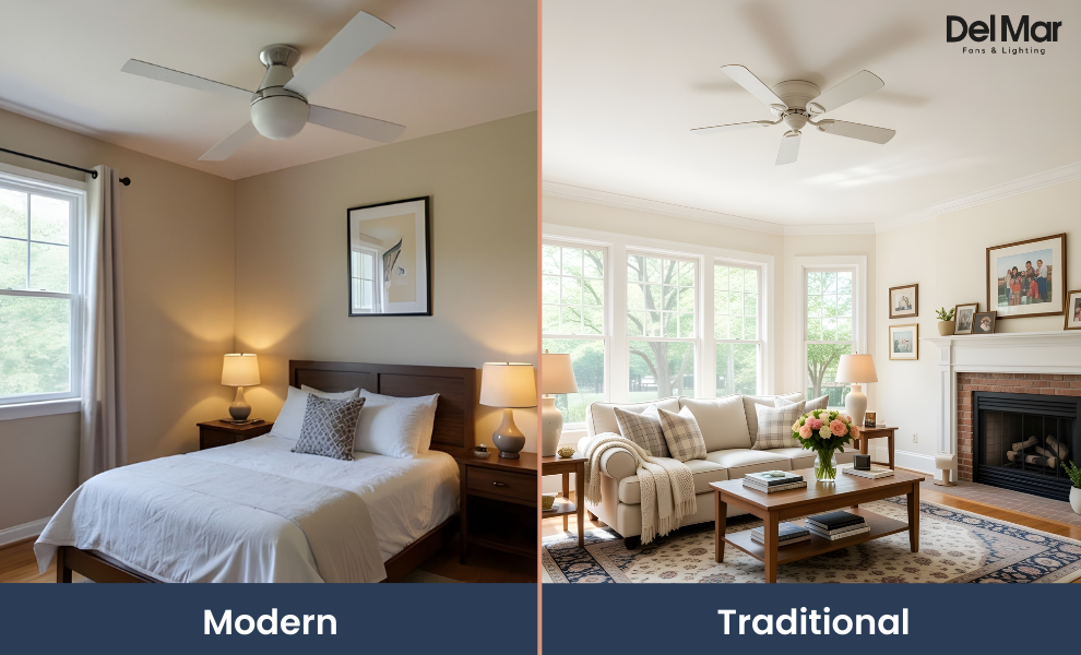 Comparison of modern and traditional ceiling fan designs suitable for 8-foot ceilings.