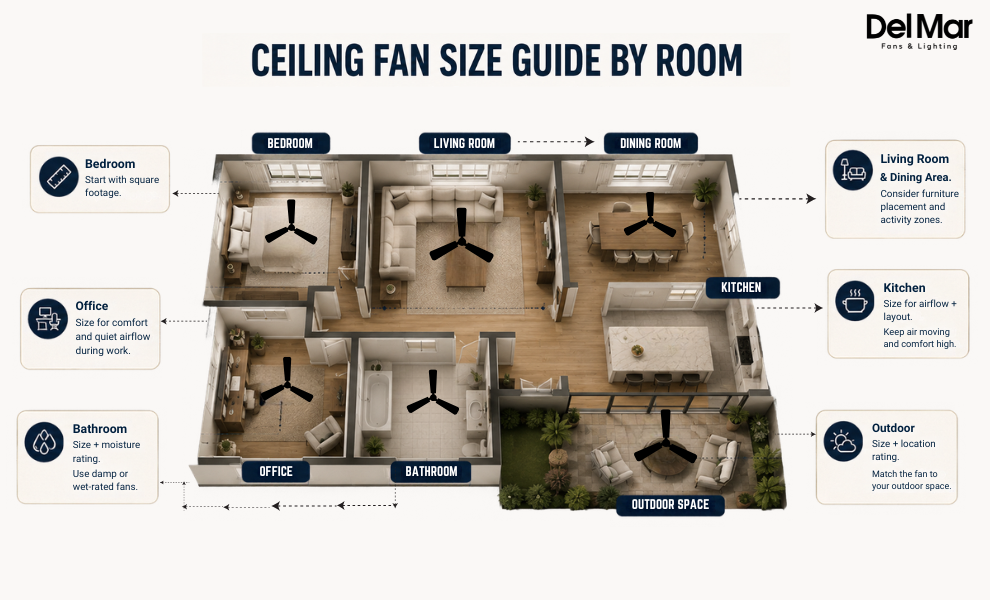 graphic showing ceiling fan guide by room