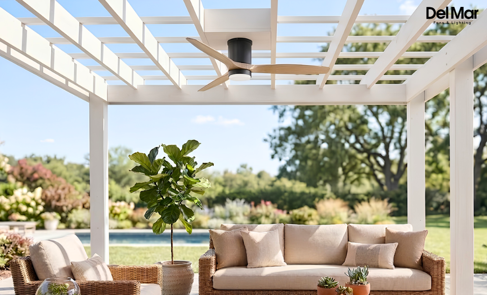 Hinkley hover flush mounted in pergola