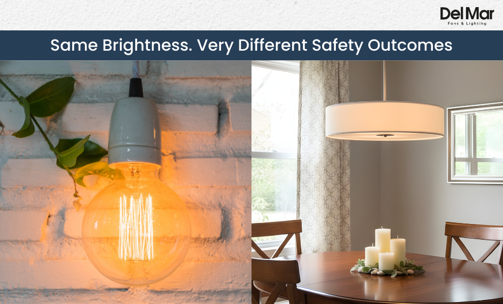 Comparison showing glare-heavy lighting versus diffused lighting for aging eyes