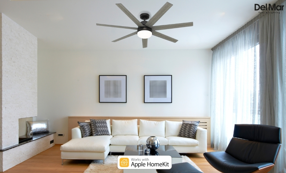 Black and Grey Wood Hunter Phenomenon ceiling fan in living room