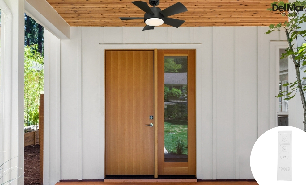 Black Modern Forms Elf Ceiling Fan in Outdoor Area