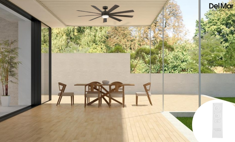 Black Modern Forms Wynd Ceiling Fan on Patio