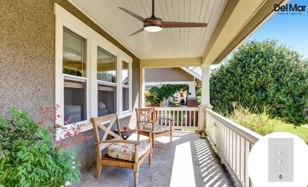 Black and Wood WAC Mod Ceiling Fan on porch