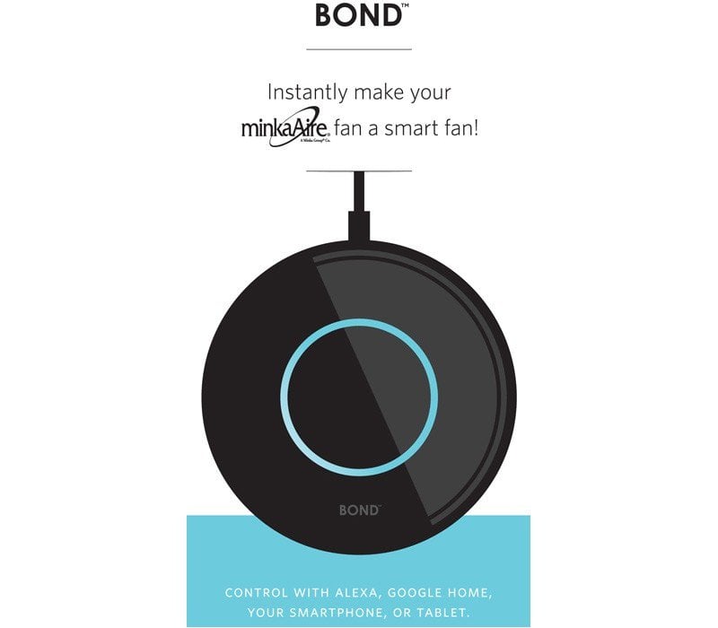 Pictured is a rounded black smart technology with a blue ring in the center which lights up.