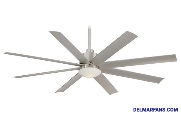 Pictured is a large ceiling fan with eight symmetrical blades and a light.