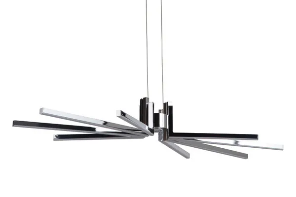 Pictured is a chandelier with angled elbow-like lights in black and white.