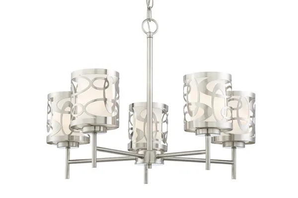 Pictured is a chandelier with a metal shade and curved metal work.