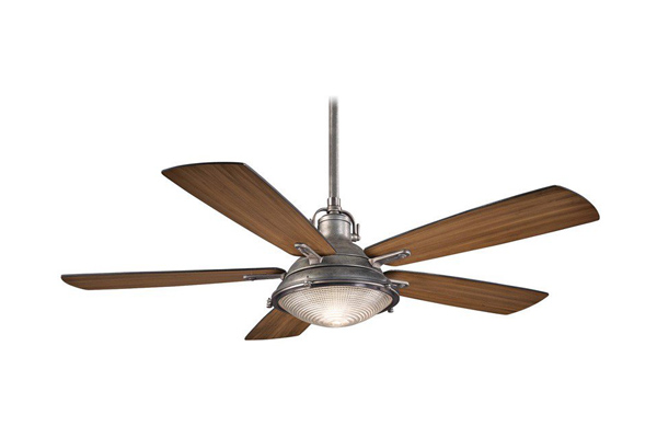 Pictured is a five-blade ceiling fan with a large downlight.