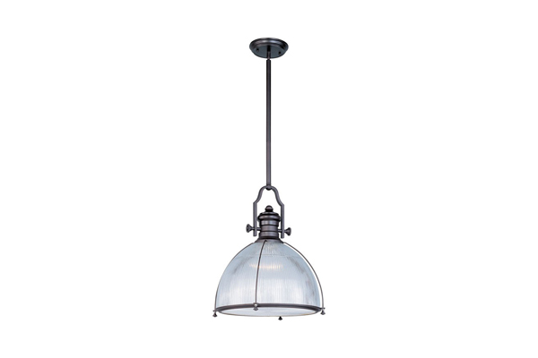Pictured is a pendant light with outward assembly which expose the workings of the light.