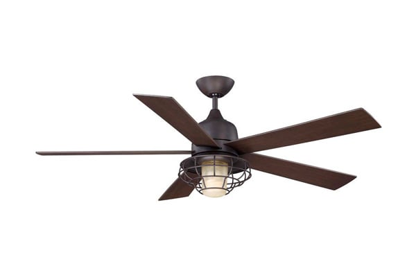 Pictured is a dark ceiling fan with a caged downlight and a short mounting system.