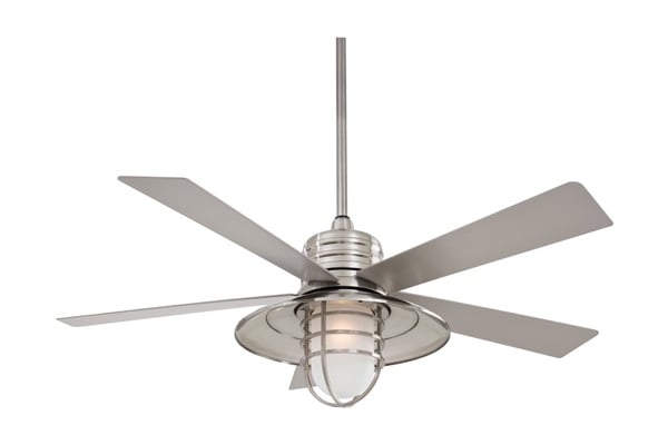 Pictured is a metal ceiling fan with a large downlight and five blades.