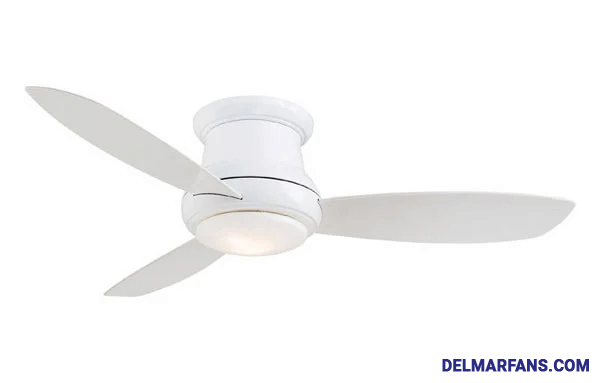 Pictured is a white ceiling fan with three blades, a downlight, and a compact motor house.
