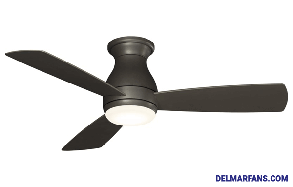 Pictured is a dark ceiling fan with a downlight, three blades, and a short downrod.