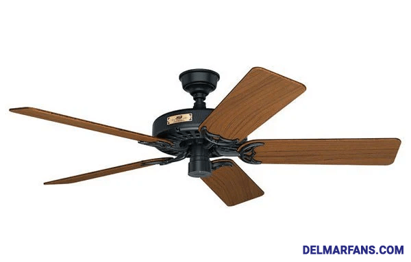 Pictured is a five-blade ceiling fan with wooden blades and a black motor house.