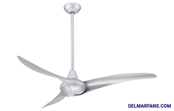 Pictured is a three bladed ceiling fan in a lustrous finish.
