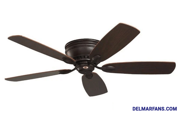 Pictured is a ceiling fan with a dark and warm finish along with five blades.