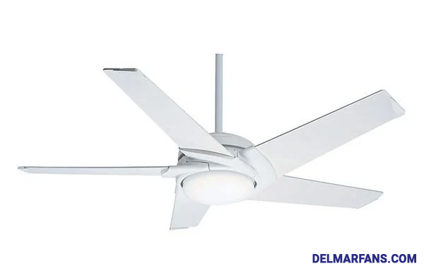 Pictured is a white ceiling fan with five blades and a rounded downlight.
