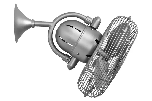 Pictured is a metal wall fan in a Brushed Nickel finish.
