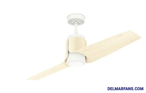 Pictured is a two-blade ceiling fan in the center of a neutral-colored patio setting.