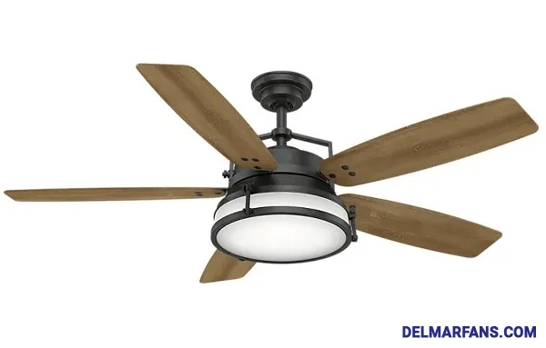 Pictured is a ceiling fan with a large bowl light and wooden blades.