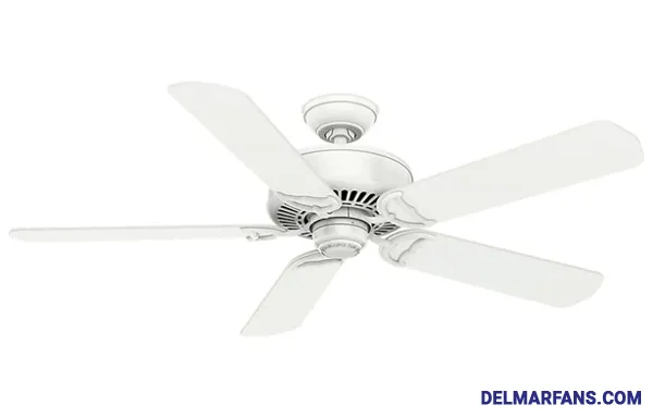 Pictured is a ceiling fan with a shiny motor housing and five wooden blades.