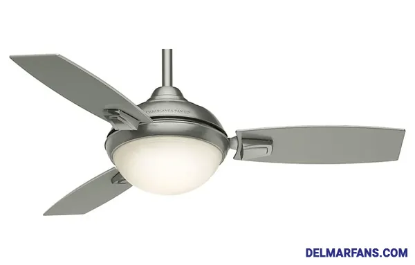 Pictured is a ceiling fan with a rounded down light and flat-edged blades.