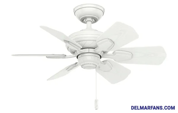 Pictured is a ceiling fan with a pull chain and six small blades.