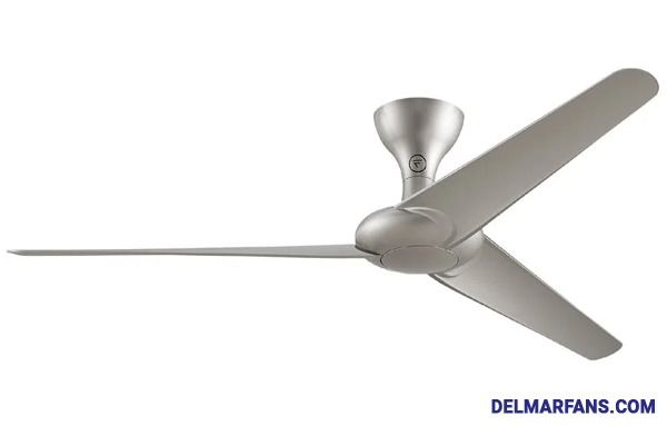 A silver three-blade contemporary ceiling fan without light kit installed on a coffered ceiling.