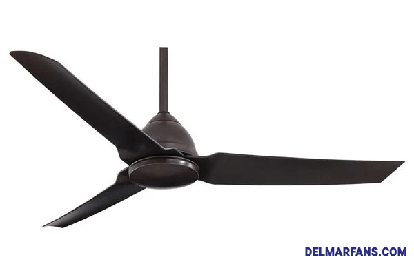 Pictured is a darkly colored ceiling fan with a downrod and circular motor house.