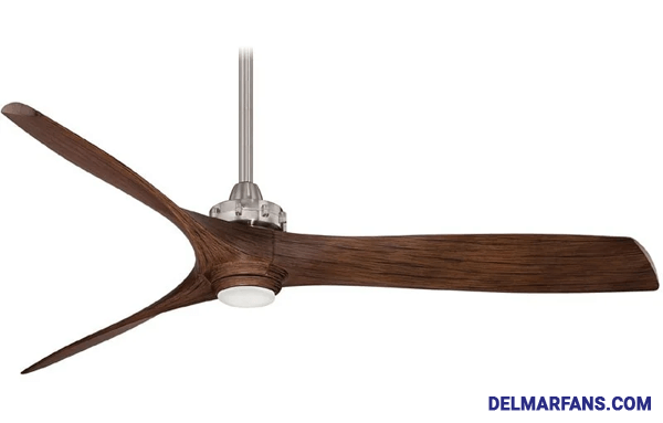 Pictured is a ceiling fan with a nickel downrod, a downlight, and blades which resemble aviation blades.