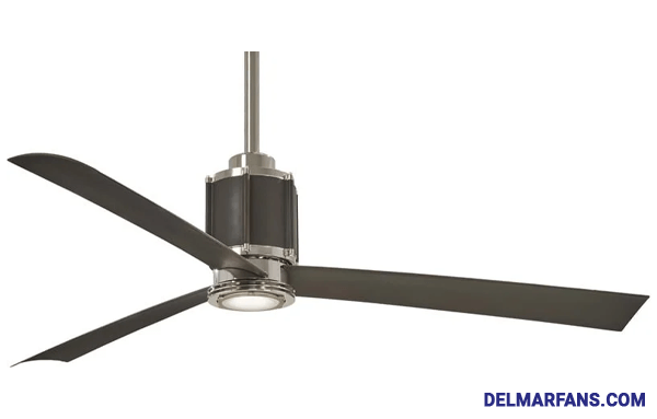 Pictured is an industrial style ceiling fan which has been placed overhead a modern living room of grey and black tones.