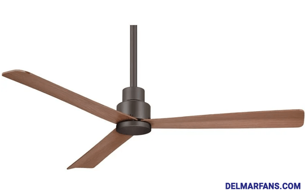 Pictured is a metal ceiling fan with a downrod and three metal blades.