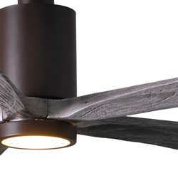 A close-up of a brushed bronze ceiling fan