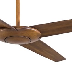 A close-up of a brown wooden ceiling fan