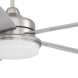 A close-up of a brushed nickel ceiling fan
