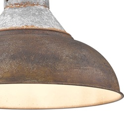 A close-up of a rust styled ceiling light